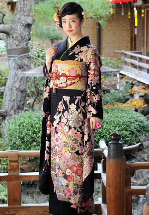 黒地に古典柄でクラシカルな印象